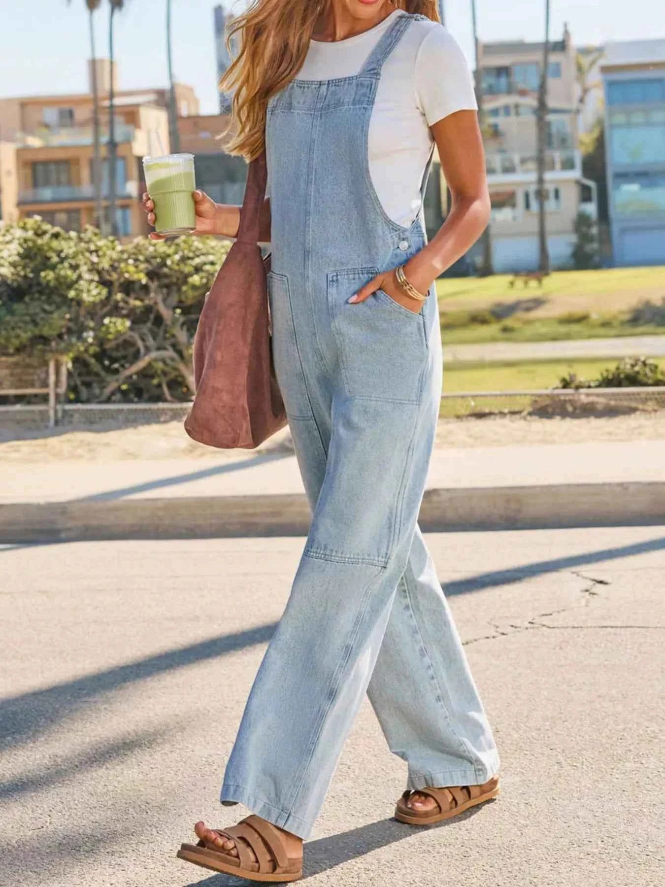 Washed wide-leg denim overalls — additional view 4