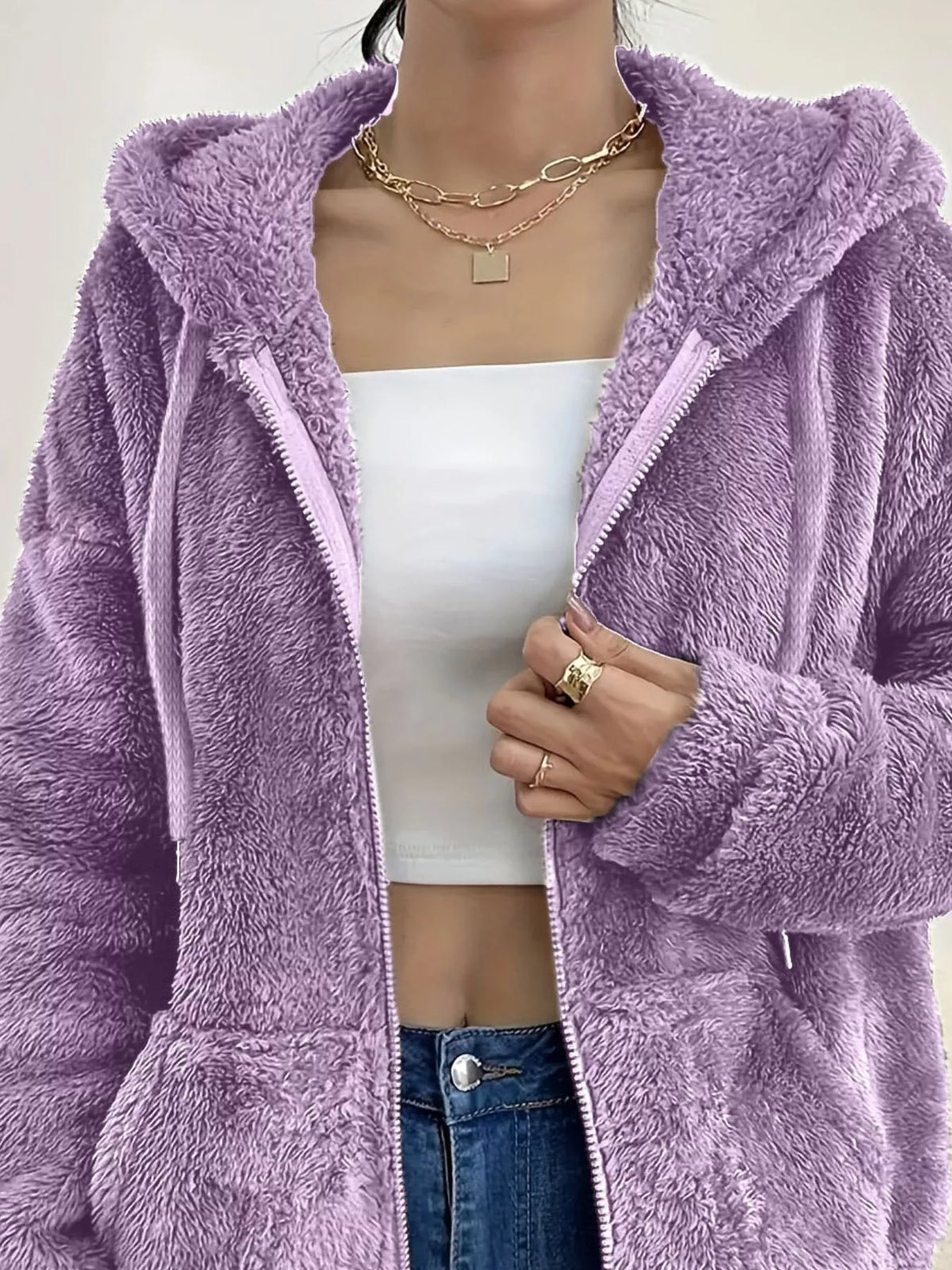 Drawstring Fleece Zip-Up Outerwear, product view 17