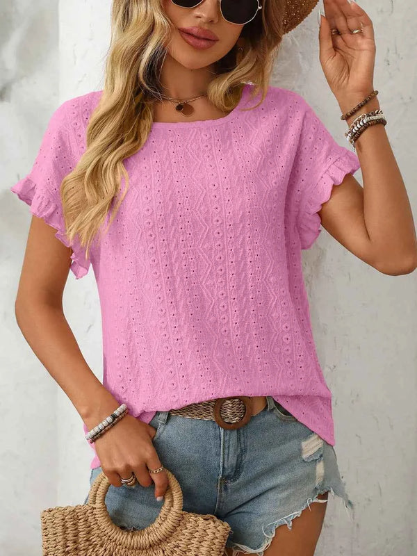 Feminine Eyelet Short Sleeve Top-T-shirt-Splashis-Splashis
