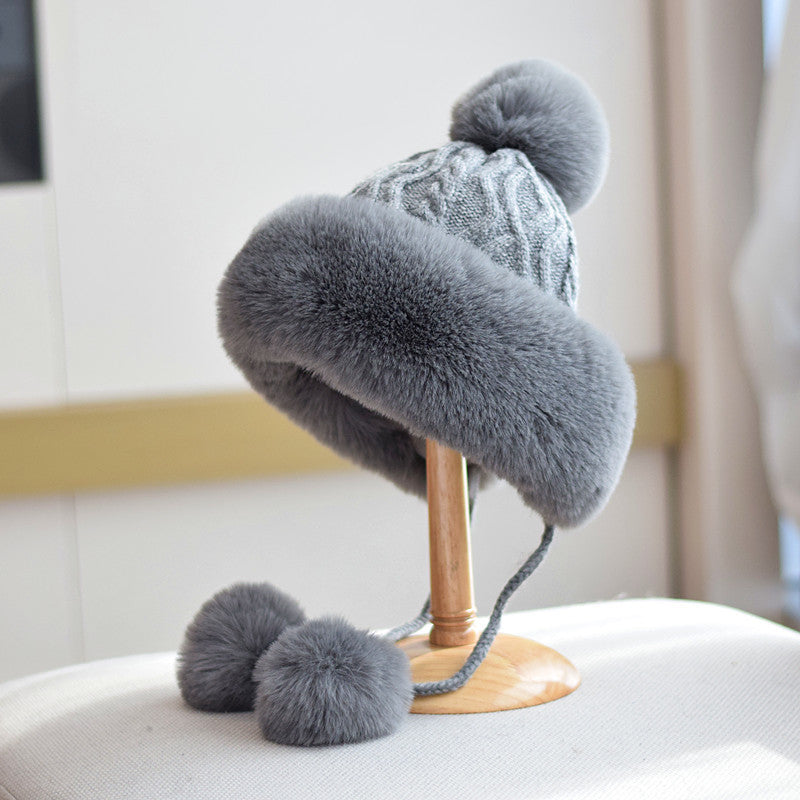 Dark Gray pom-pom lace-up winter hat for women