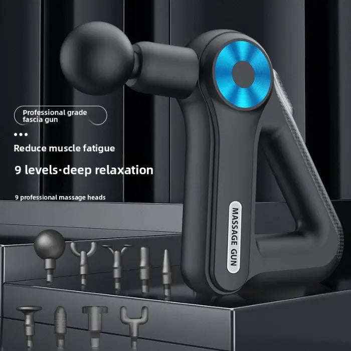 Percussion massage gun with interchangeable heads — primary view