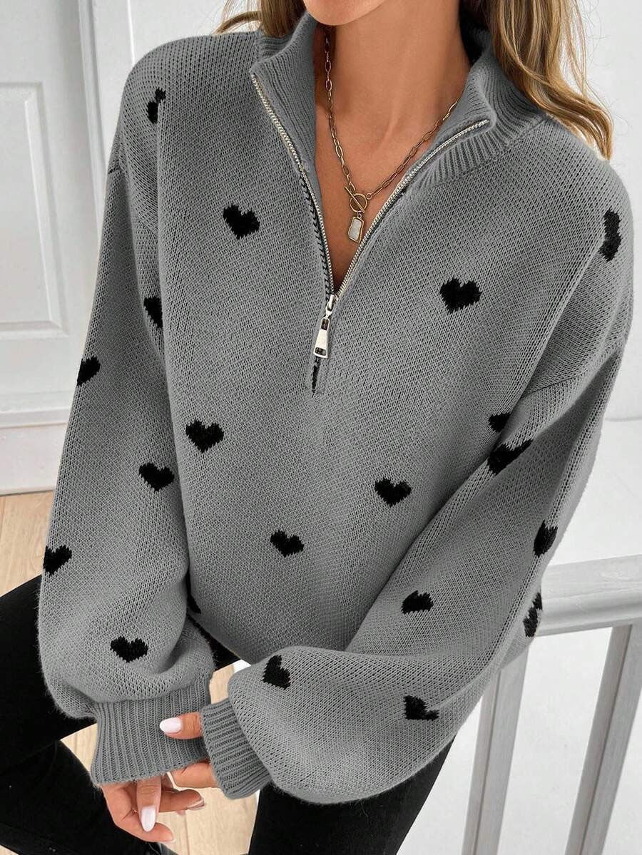Gray heart pattern knit zip sweater for women