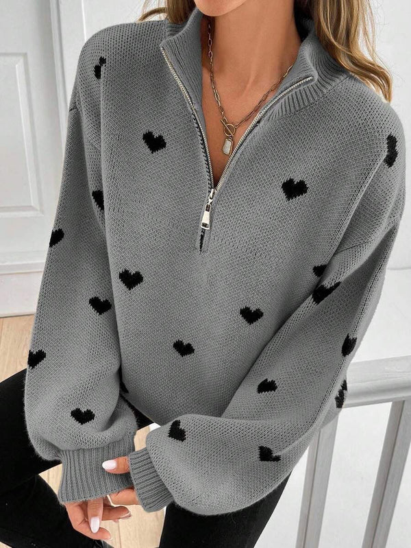 Gray heart pattern knit zip sweater for women