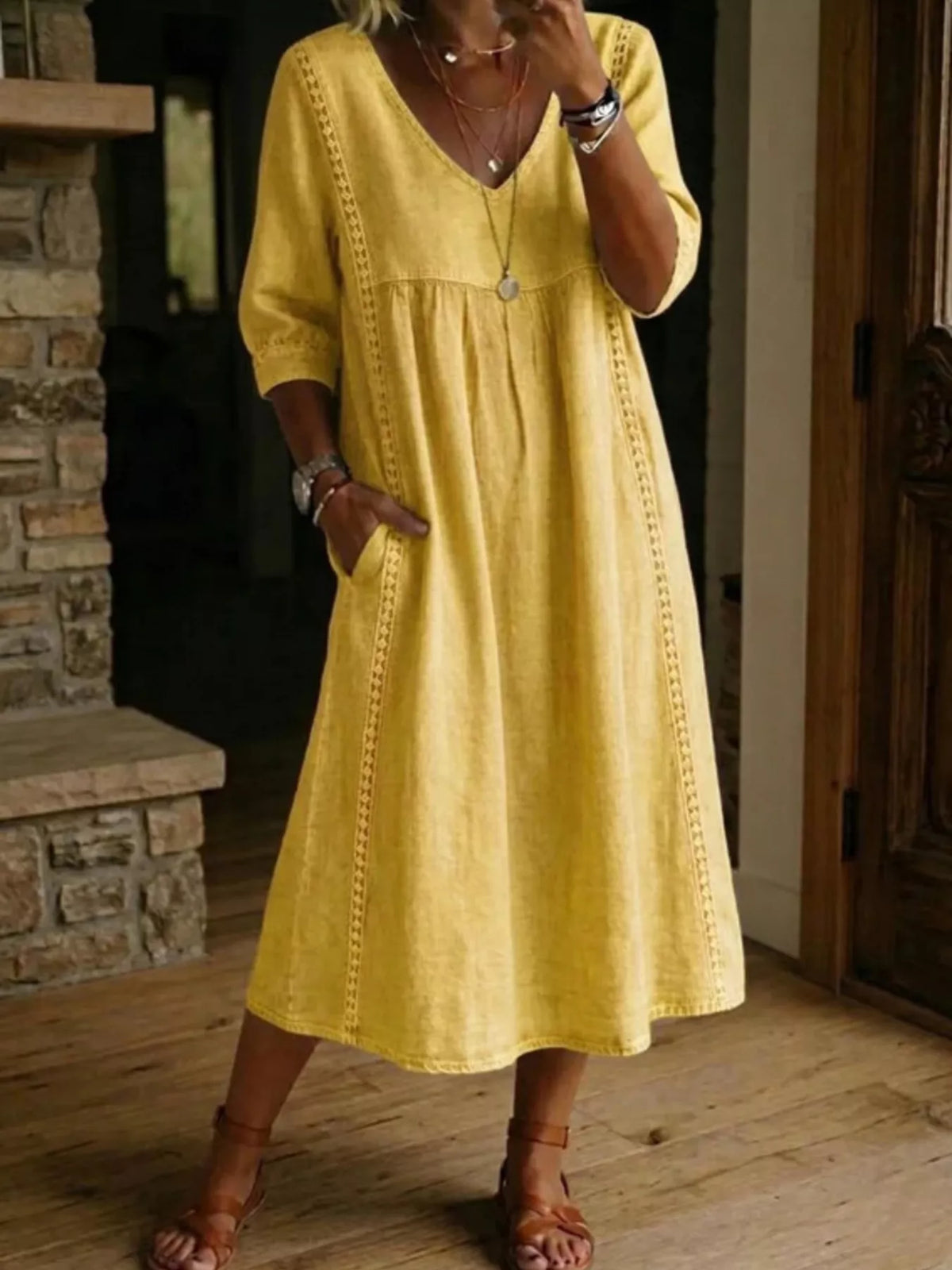Full Size V-Neck 3/4 Sleeve Midi Dress Plus Size, product view 13