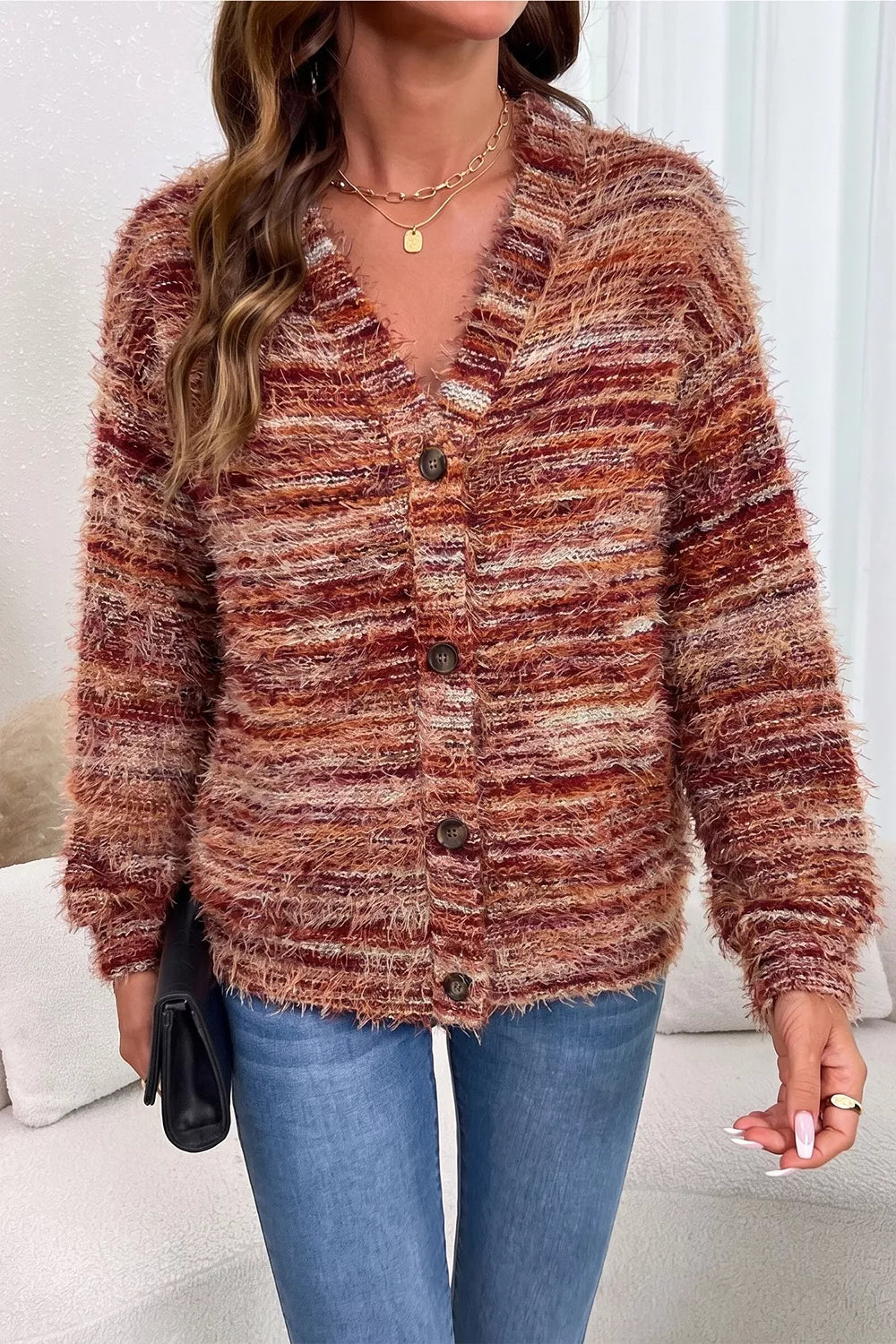 Fuzzy Striped Button Front Cardigan Sweater view 5