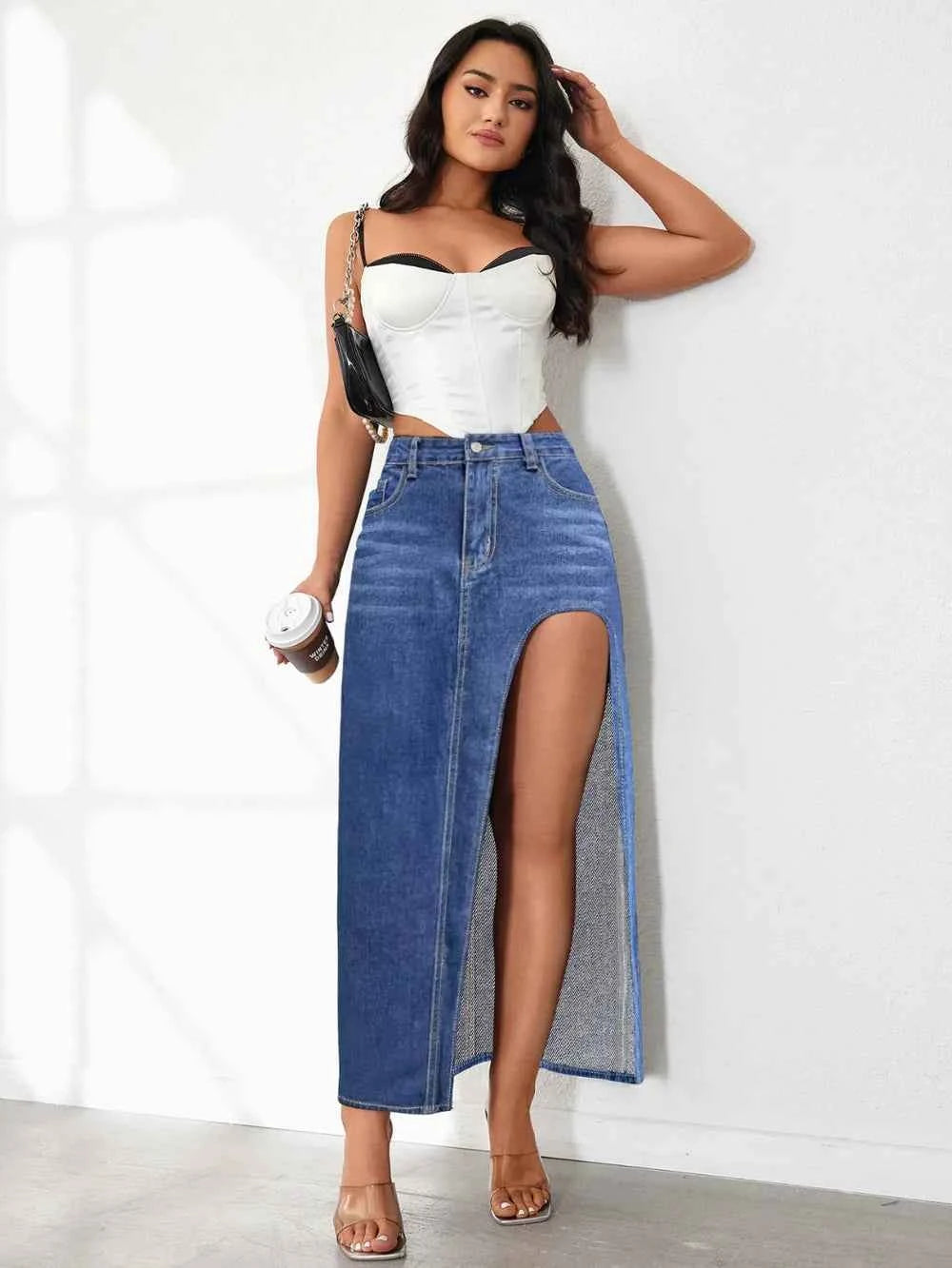 High-rise denim skirt with side slit — additional view 10