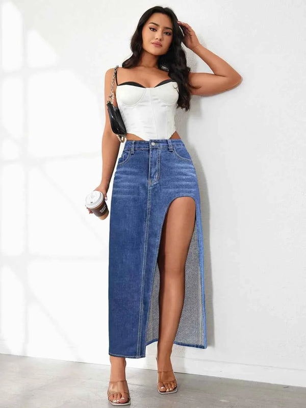 High-rise denim skirt with side slit — additional view 10