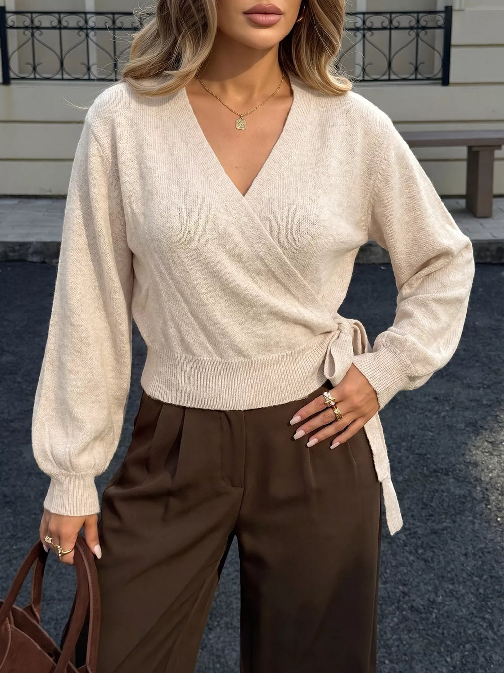 Tied surplice long sleeve sweater — additional view 3