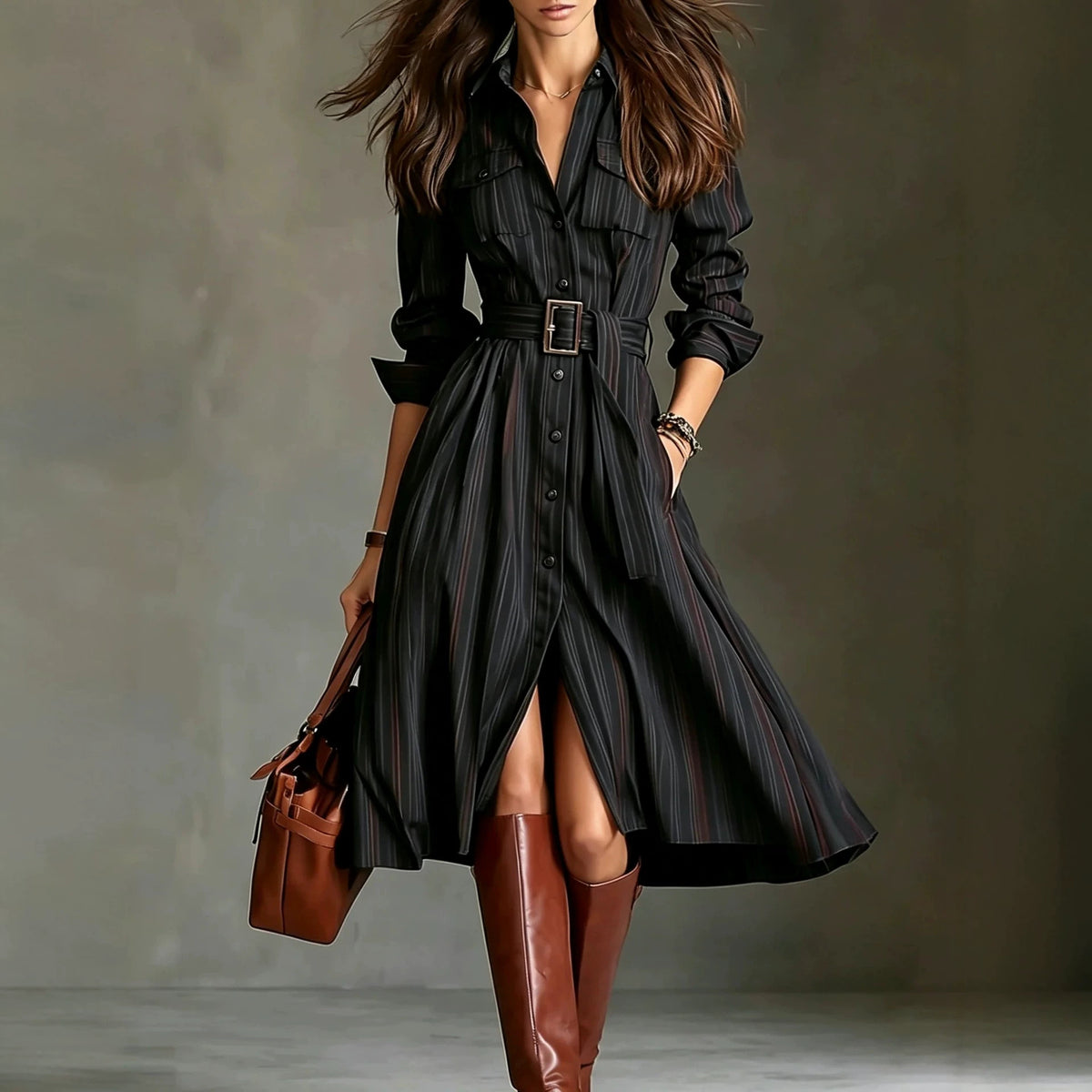 Belted Cinched-Waist Mid-Length Shirt Dress additional product view