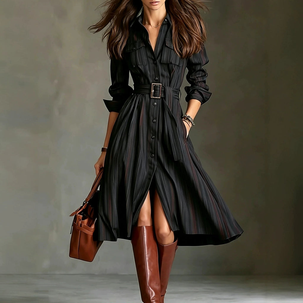 Belted Cinched-Waist Mid-Length Shirt Dress – view 2