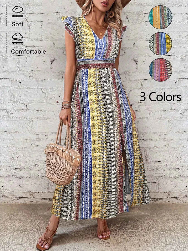 Boho Print Ruffle Sleeve Slit Dress-Casual Dresses-Splashis-Color:Yellow-Size:XL-Splashis