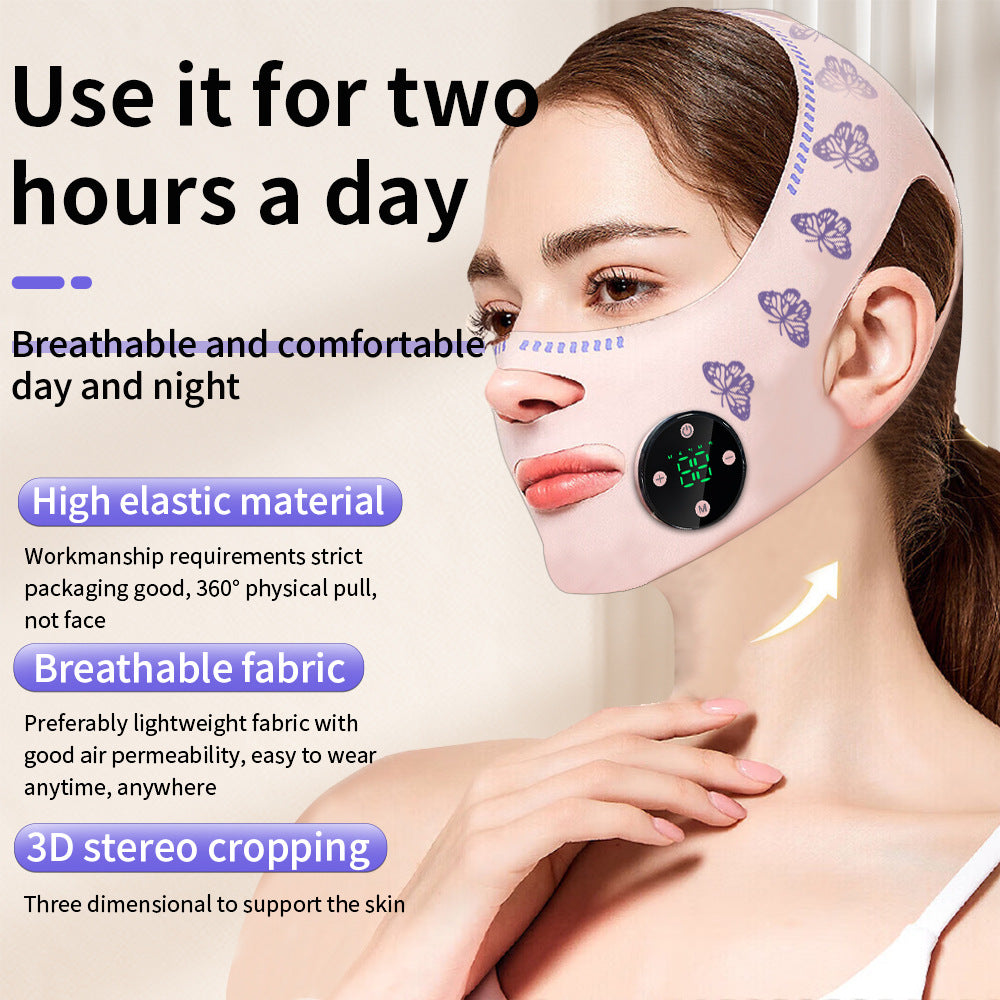 Woman wearing a face mask with text highlighting features and usage instructions.