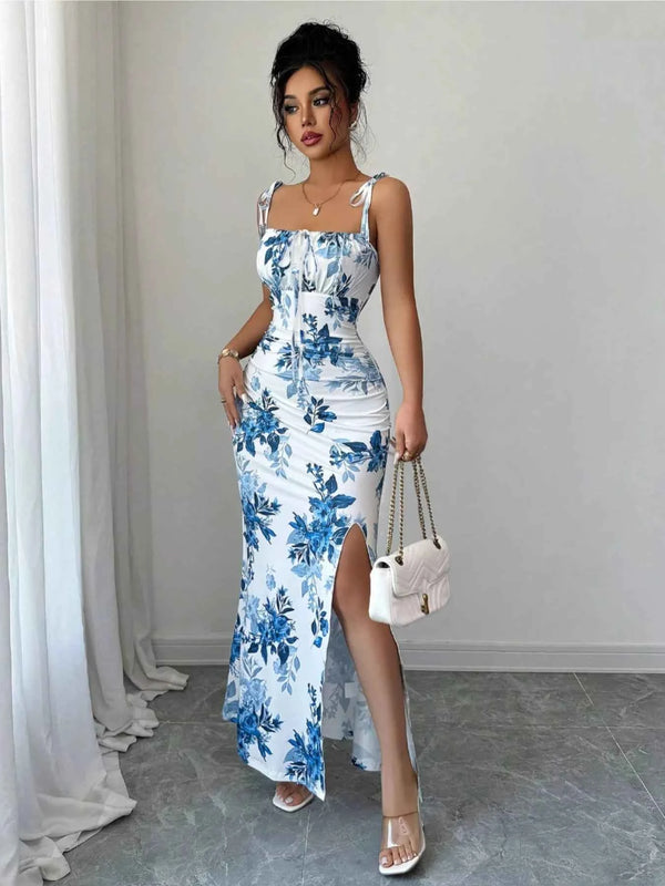 Printed tie strap slit maxi dress — additional view 12