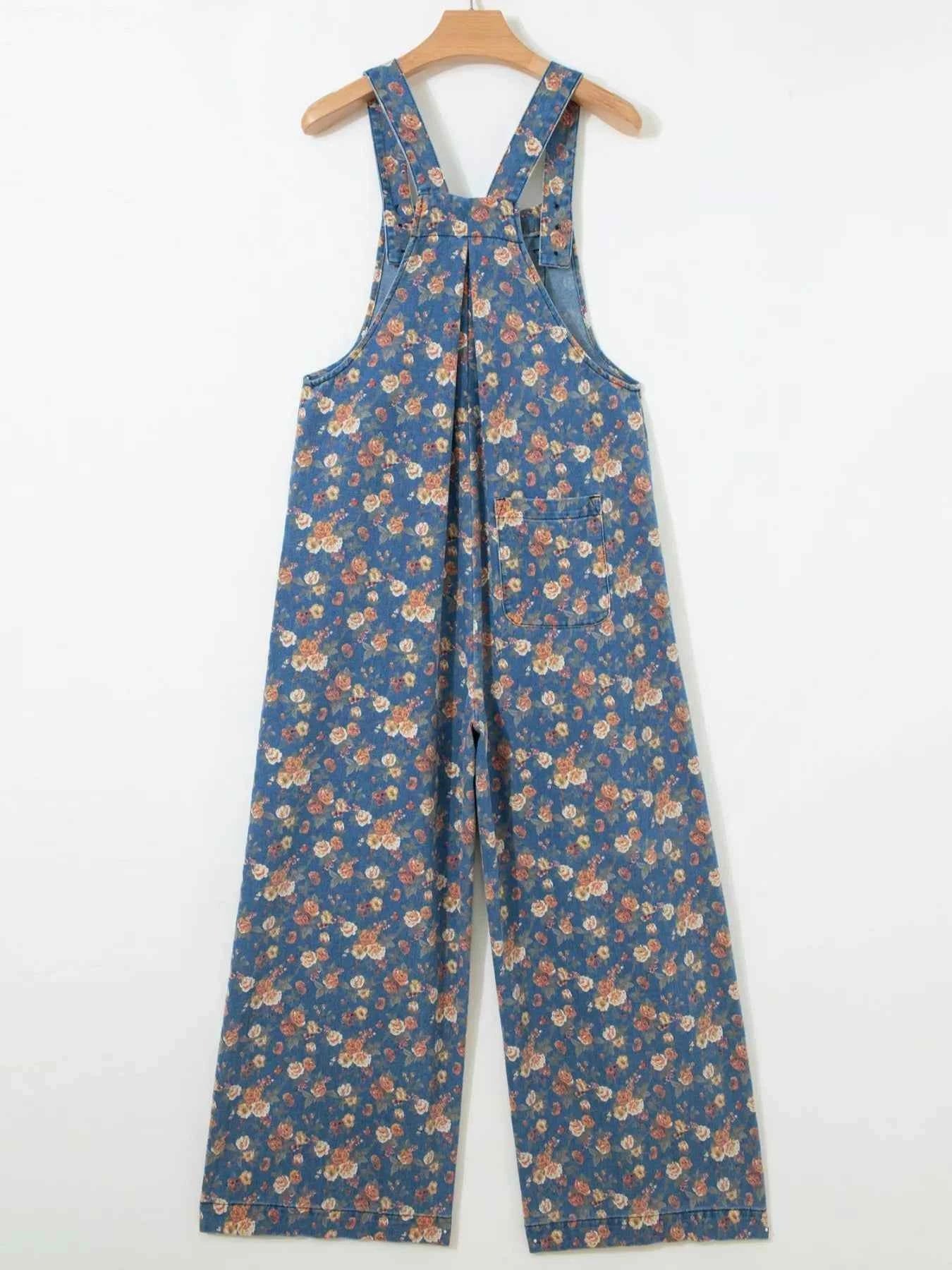 Floral print wide leg denim overalls — additional view 7