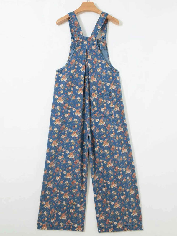 Floral print wide leg denim overalls — additional view 7
