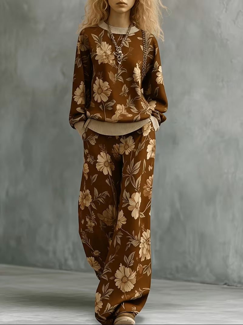 Autumn And Winter European And American Amazon Cross-Border Light Brown Leopard Print Suit Long-Sleeved Slim Sweatshirt Retro Casual Pants For Women additional product view