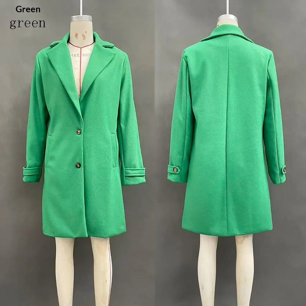Bright green plain lapel coat, front and back views on mannequins