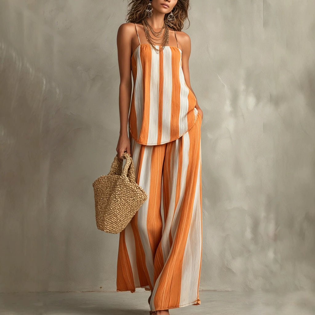 Product detail photo of Striped Strap Wide Leg Pants Set, Two Piece Set, everyday style, striped strap wide leg pants set