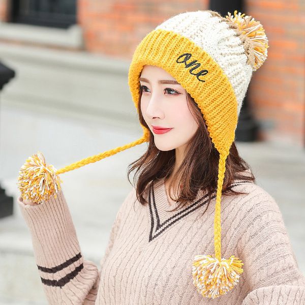 Women's Fleece Lined Pom Pom Wool Hat-Splashis, Turmeric