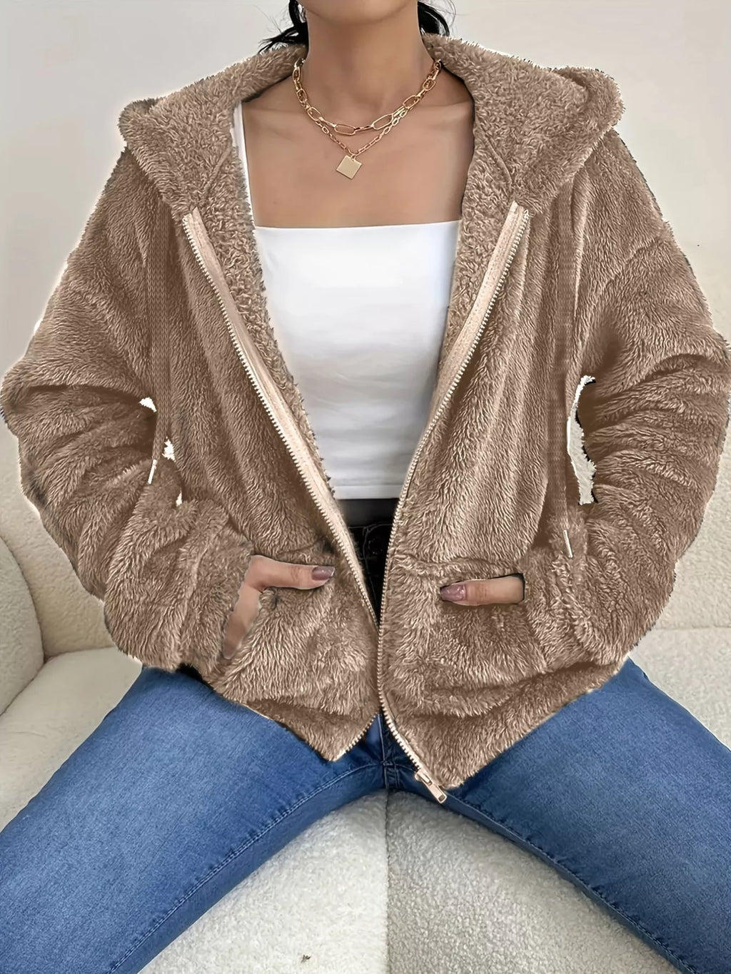 Drawstring fleece zip-up jacket — additional view 7