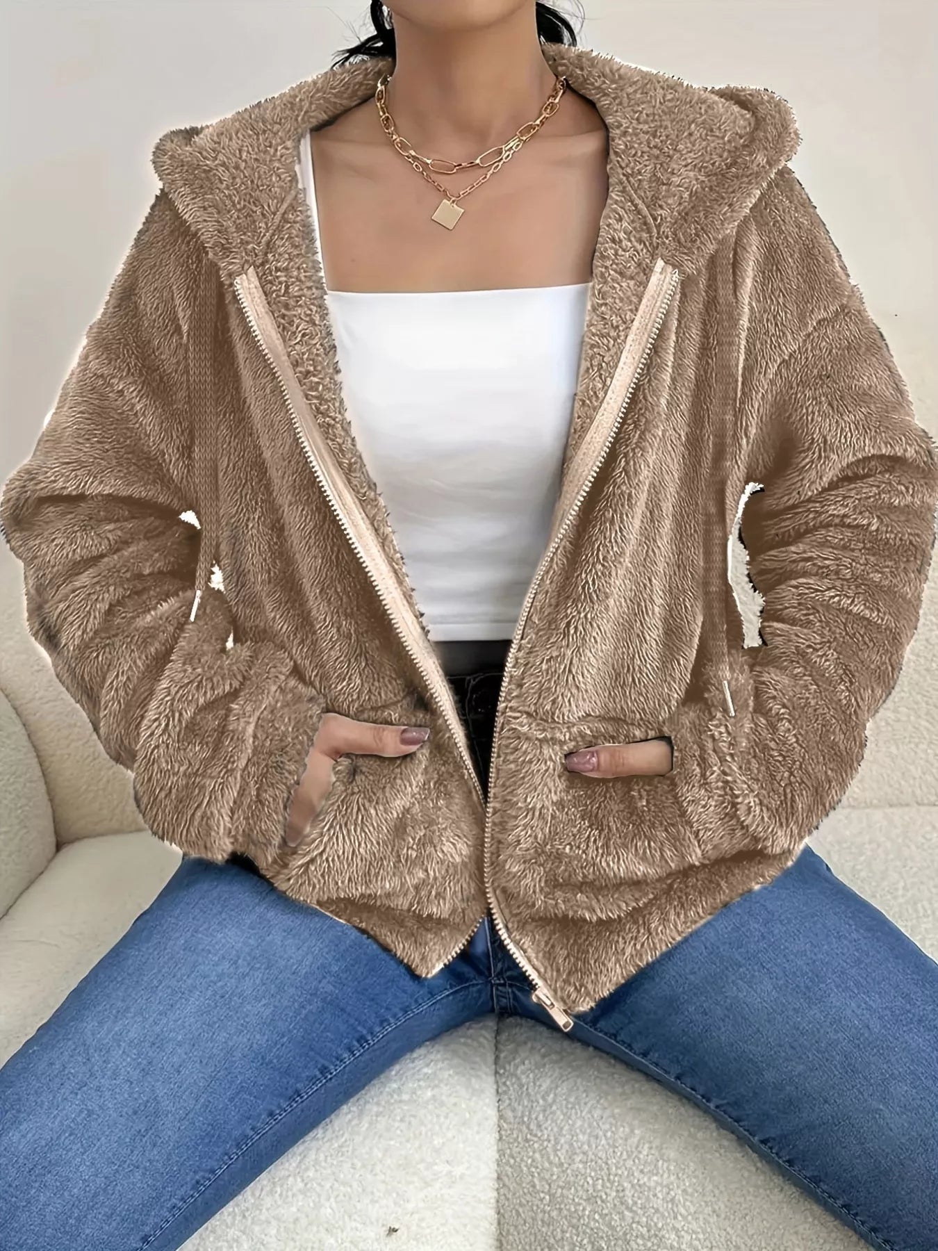 Drawstring fleece zip-up jacket — additional view 7