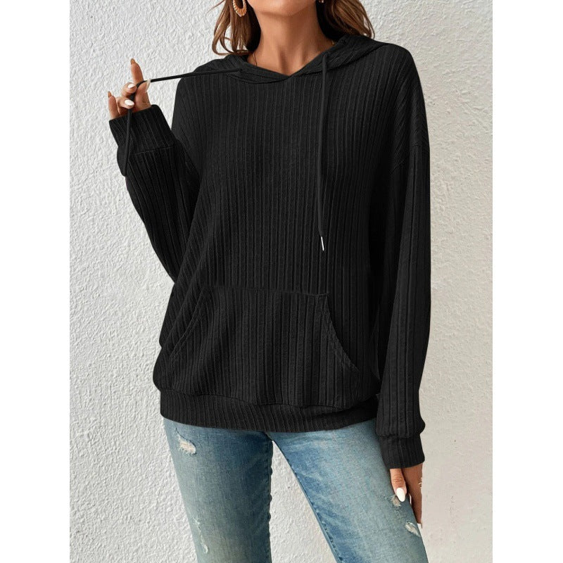 Black ribbed kangaroo pocket hoodie for women