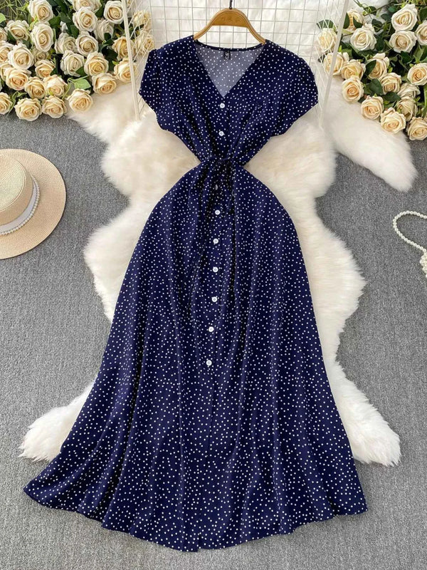 Vintage-Inspired Polka Dot Dress-Casual Dresses-Splashis-Color:Dark Blue-Size:One Size-Splashis