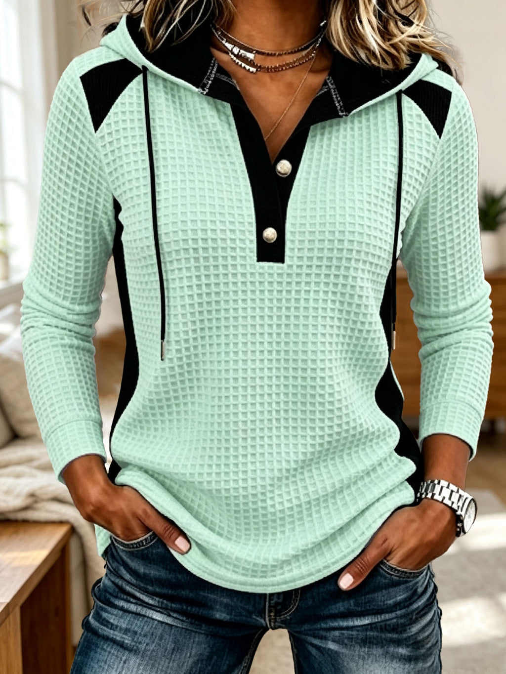 Light Green waffle knit hoodie sweatshirt for women
