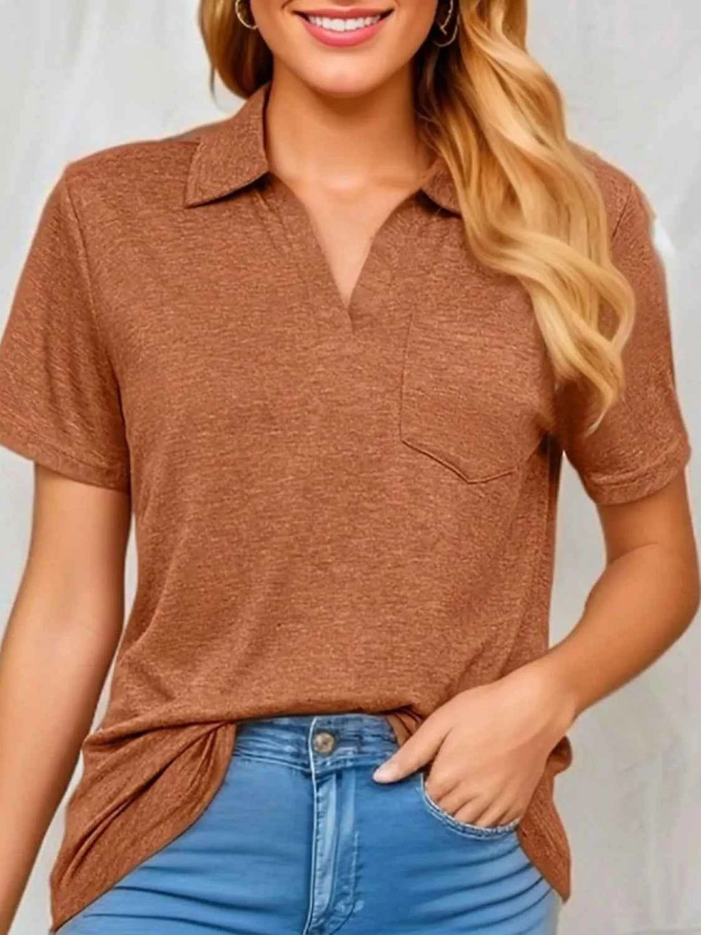 Preppy Johnny Collar Short Sleeve Shirt-Shirt-Splashis-Color:Caramel-Size:2XL-Splashis