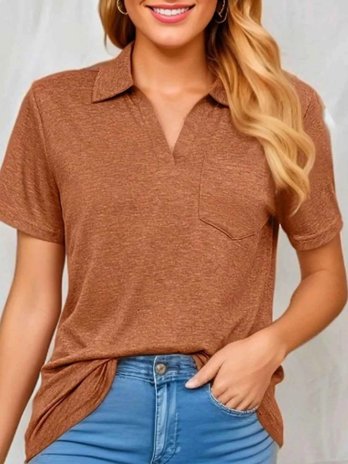 Preppy Johnny Collar Short Sleeve Shirt-Shirt-Splashis-Color:Caramel-Size:2XL-Splashis