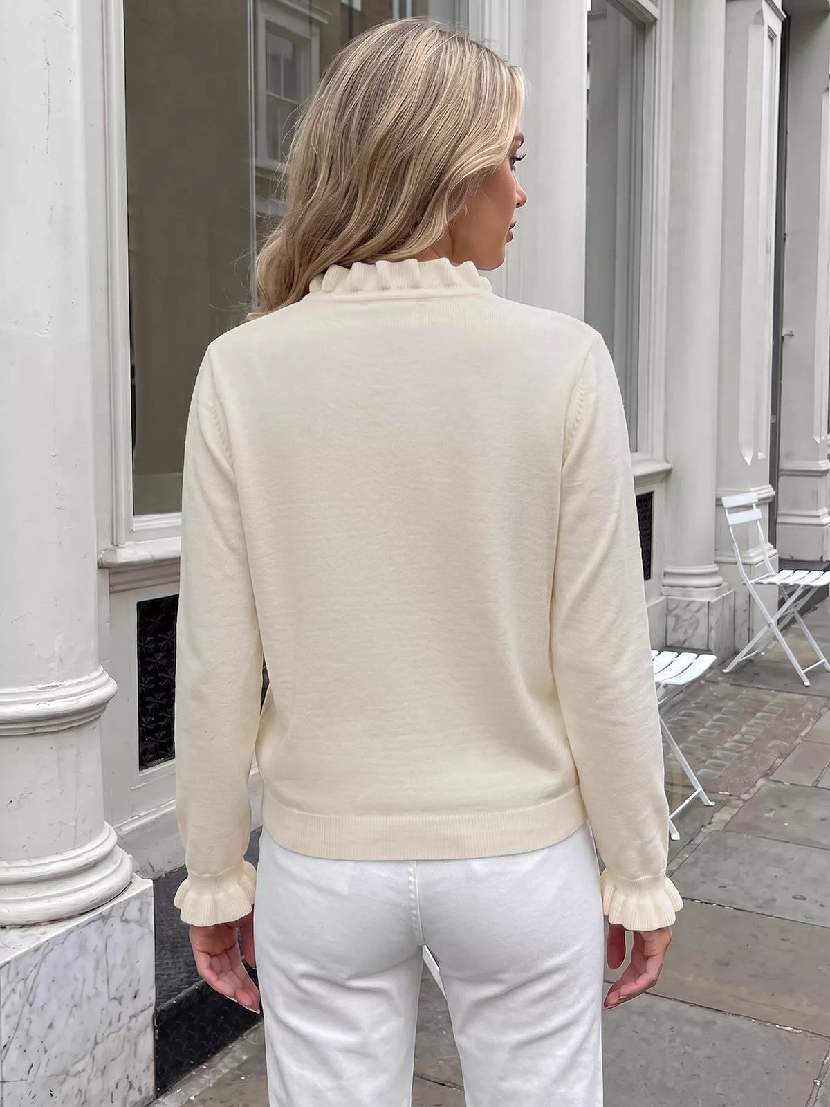 Ruffle Trim Pearl Button V-Neck Knit Top, product view 7