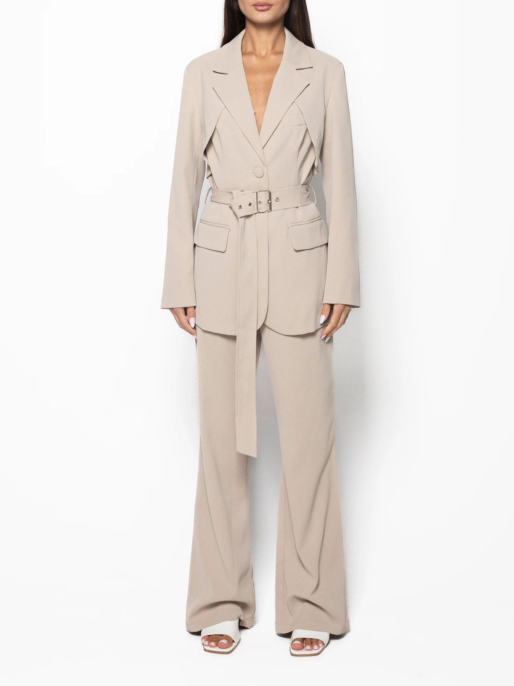 Beige Belted Blazer & Pants Set, close-up product view