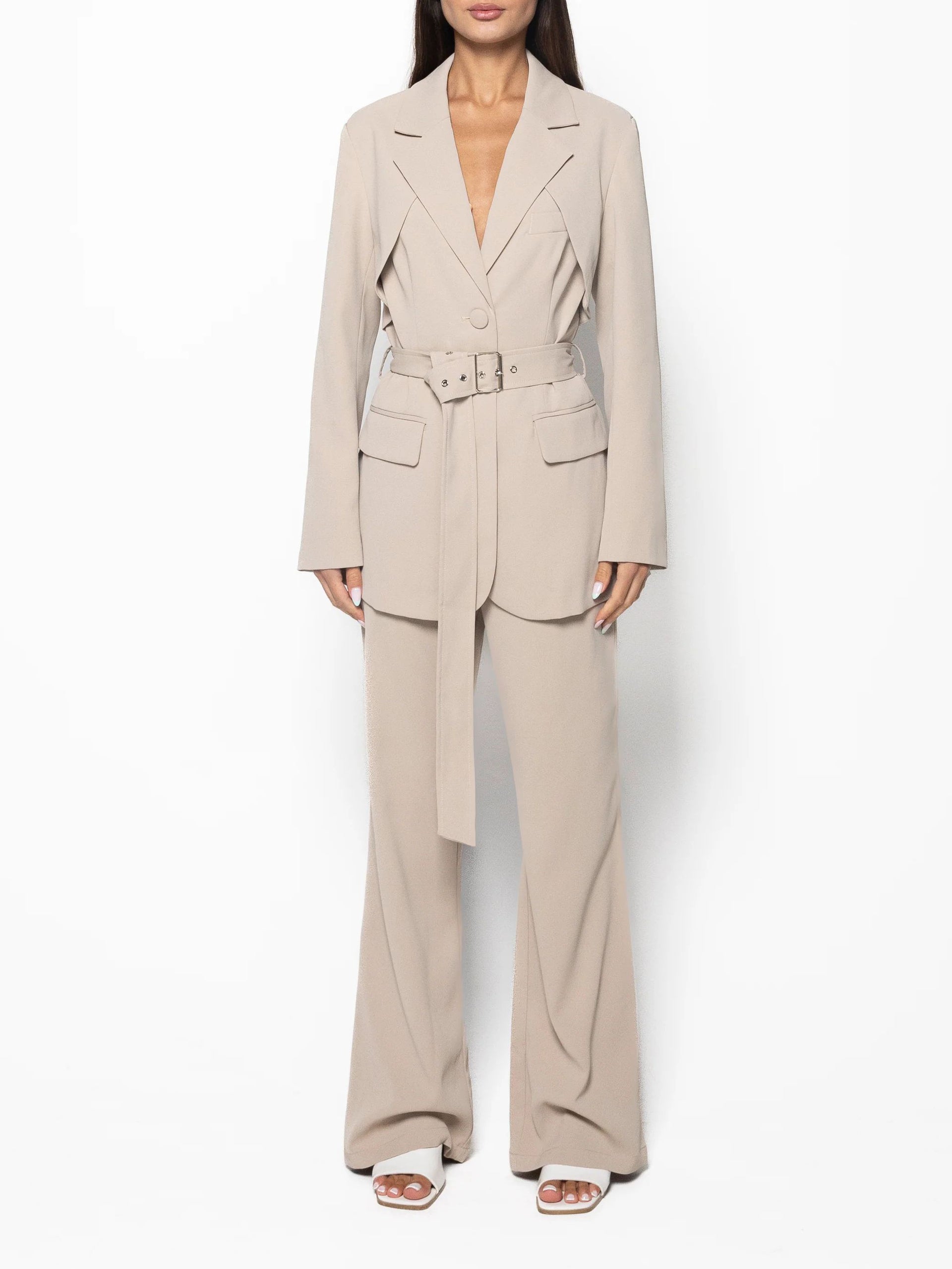 Beige Belted Blazer & Pants Set, close-up product view