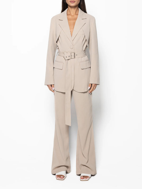 Beige Belted Blazer & Pants Set, close-up product view