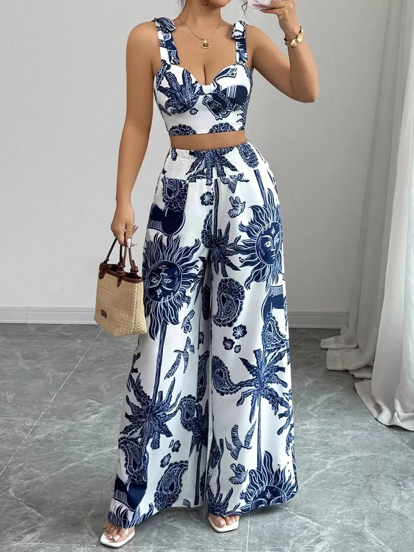 Floral Print Crop Top and Wide Leg Pants Set view 2
