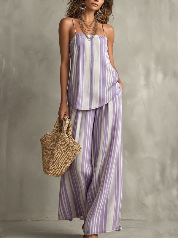 Product detail photo of Striped Strap Wide Leg Pants Set, Two Piece Set, everyday style, striped strap wide leg pants set