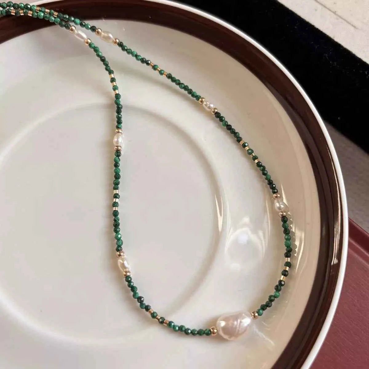 Freshwater pearl and malachite beaded necklace — additional view 3