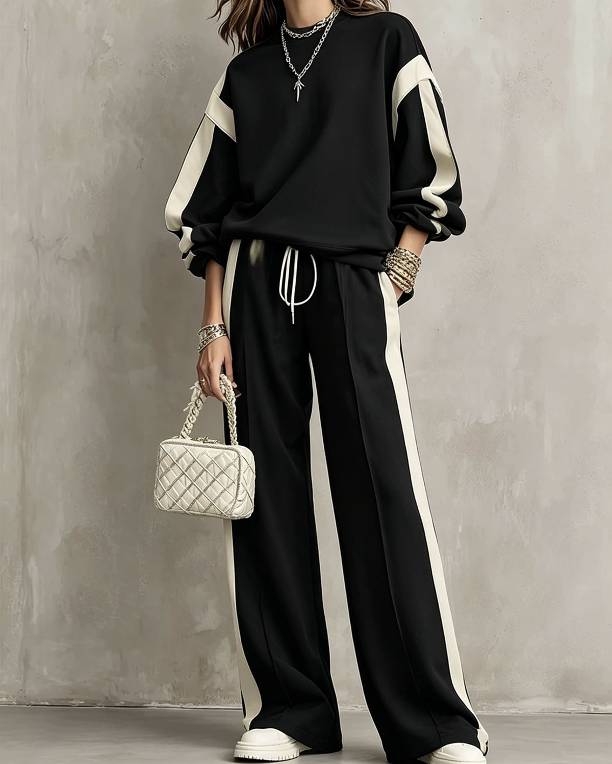 Black sweatshirt and wide-leg pants set with cream contrast panels, worn by a model