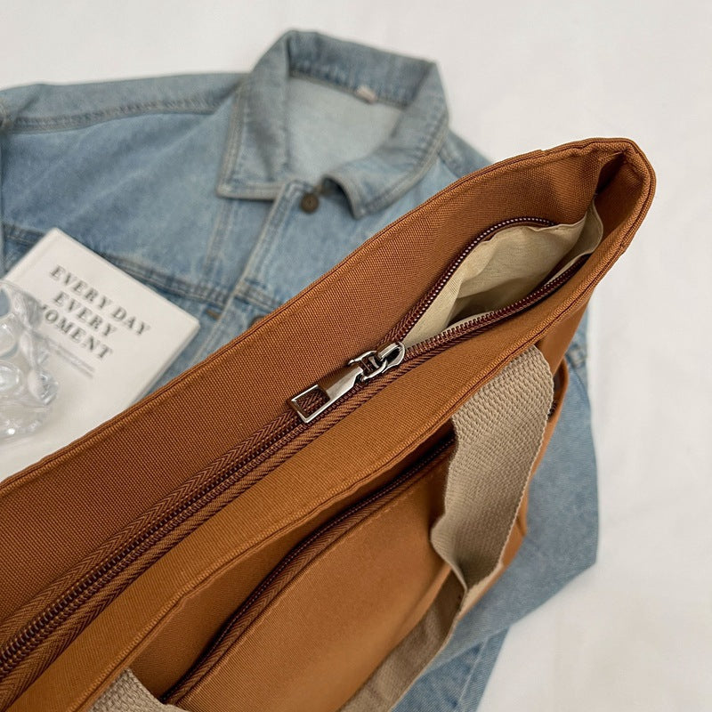 Canvas tote bag zip-up closure detail