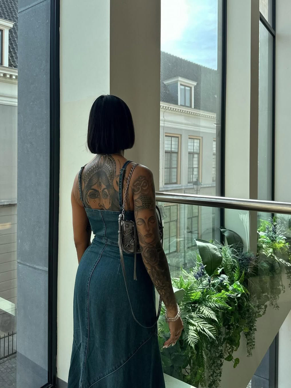 Blue Denim Suspender Maxi Dress, angled product view
