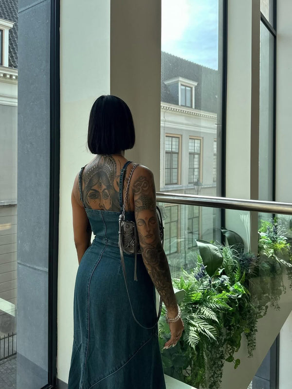 Blue Denim Suspender Maxi Dress, angled product view