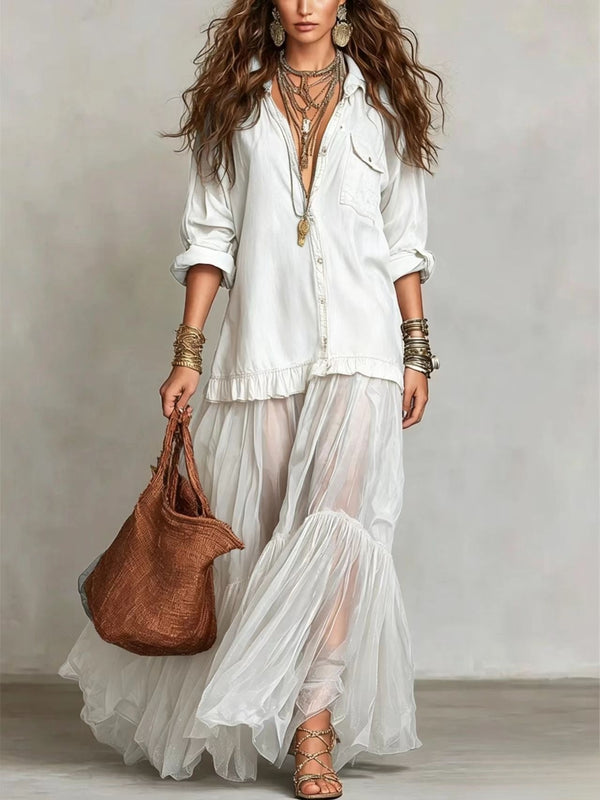 Product detail photo of Faux Denim Lapel Maxi Dress, faux denim lapel maxi dress, everyday style