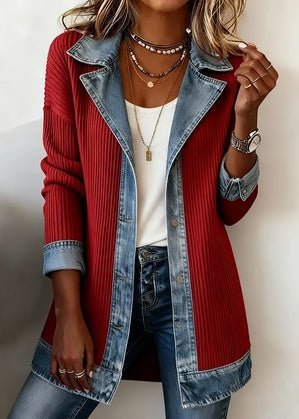 Women's red jacket with blue denim-look lapels and front trim