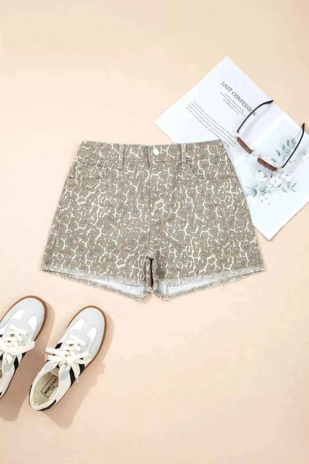 Raw edge leopard print denim shorts — additional view 3