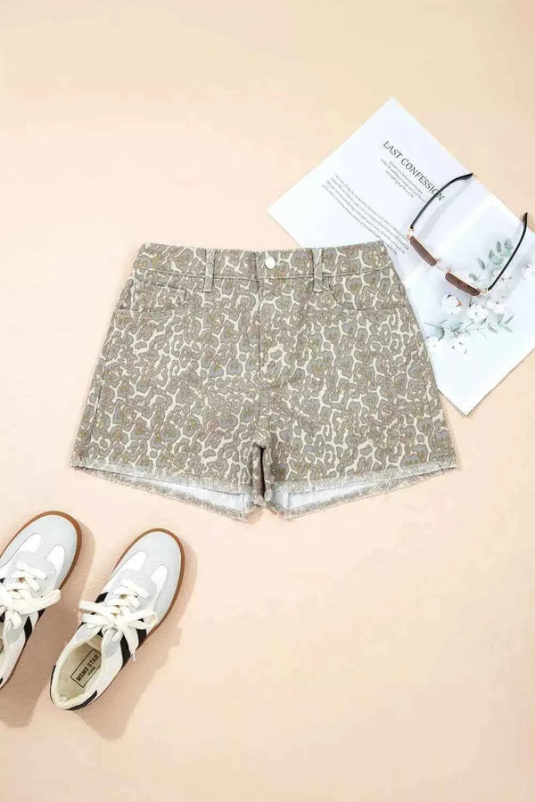 Raw edge leopard print denim shorts — additional view 3