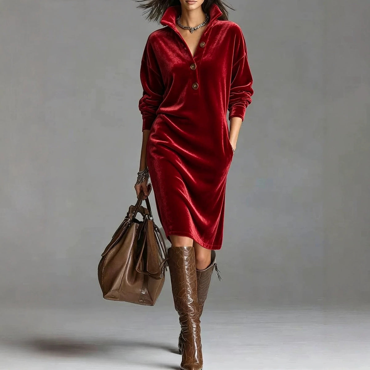 Women's Collared Button-Down Knit Midi Dress product image