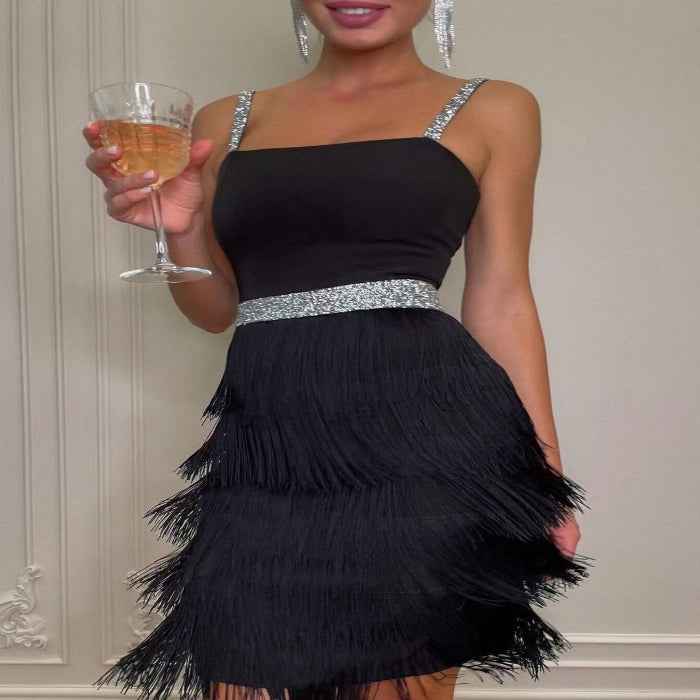 Fringe trim zipper cami mini dress — primary view