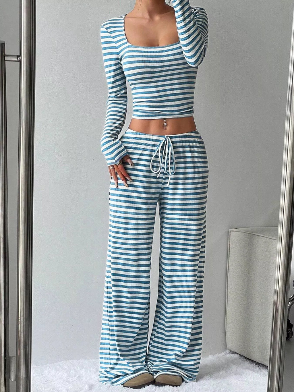 Striped Long Sleeve Crop Top & Wide Leg Pants Set view 4