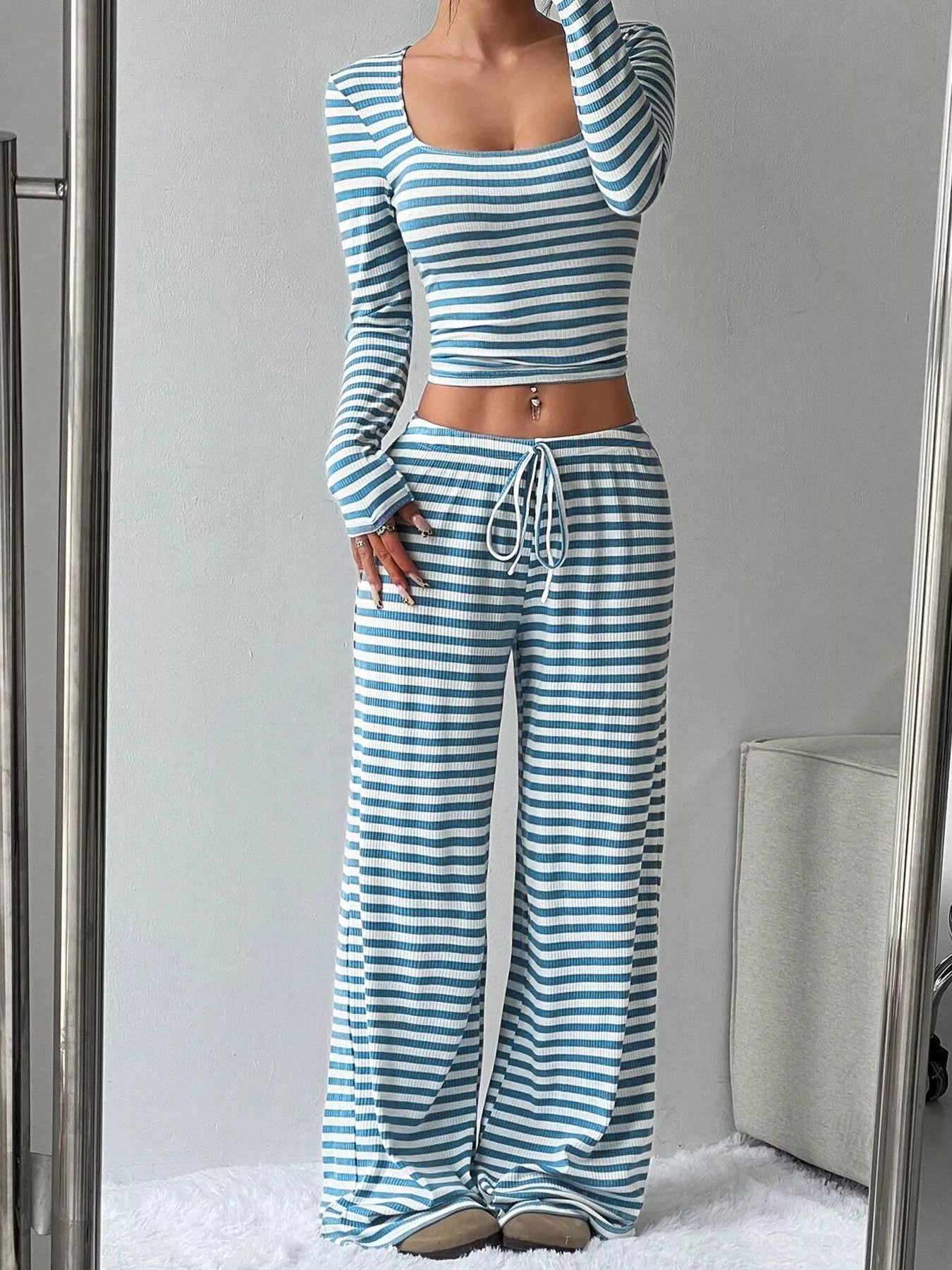 Striped Long Sleeve Crop Top & Wide Leg Pants Set view 4
