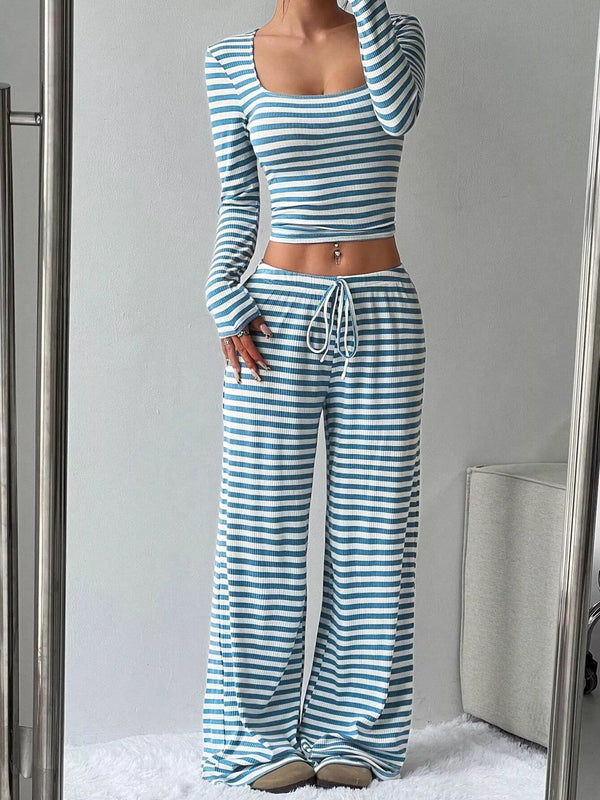 Striped Long Sleeve Crop Top & Wide Leg Pants Set view 4